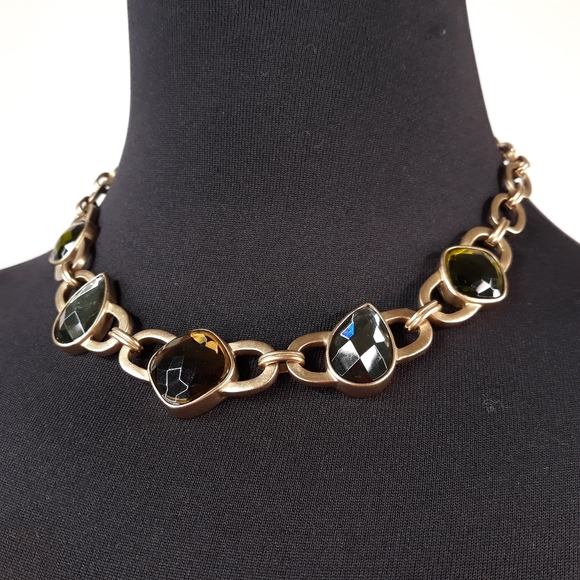 Anne Klein Vintage Mogul Heavy Brushed Satin Gold Tone Lucite Jewels Necklace - Picture 4 of 12